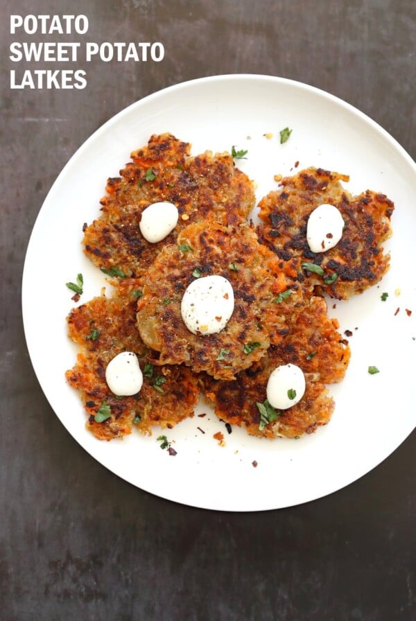 Easy Vegan Latkes. Potato & Sweet Potato Latkes. Panfried crispy latke fritters for Hannukah. #Vegan #Glutenfree #soyfree #Nutfree #Recipe. #VeganRicha | VeganRicha.com