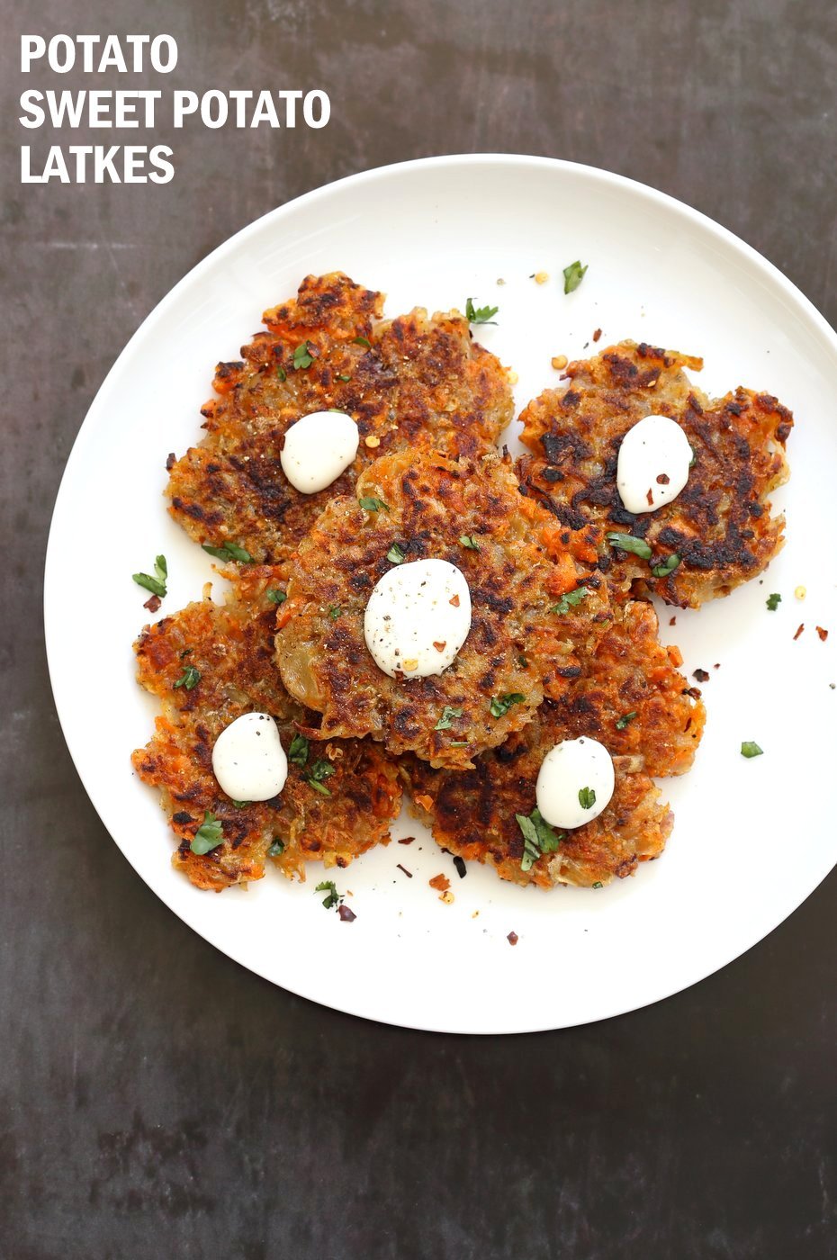 Easy Vegan Latkes. Potato & Sweet Potato Latkes. Panfried crispy latke fritters for Hanukkah. #Vegan #Glutenfree #soyfree #Nutfree #Recipe. #VeganRicha | VeganRicha.com