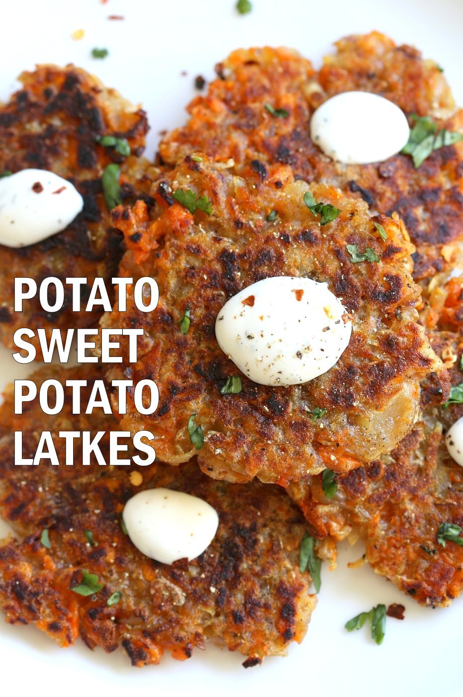 Easy Vegan Latkes. Potato & Sweet Potato Latkes. Panfried crispy latke fritters for Hanukkah. #Vegan #Glutenfree #soyfree #Nutfree #Recipe. #VeganRicha | VeganRicha.com