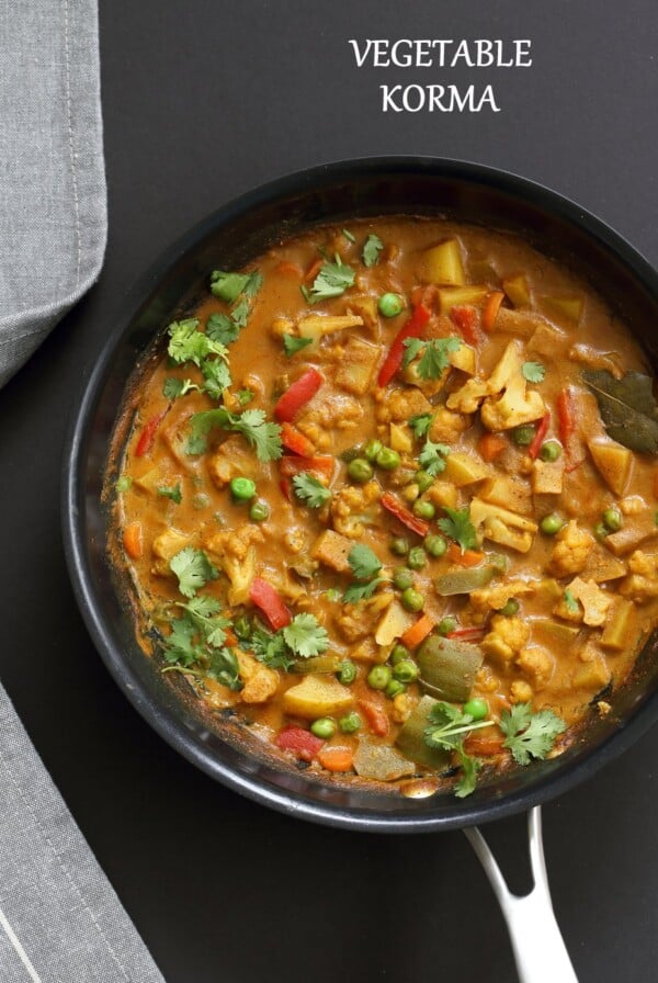 Vegetable Korma - Veggies in Spiced Ginger Chile Sauce. Creamy Indian Korma Recipe made without Onion and garlic. Vegan Indian Gluten-free Soy-free  Can be made nut-free. No Onion No Garlic Recipe. #vegan #veganricha