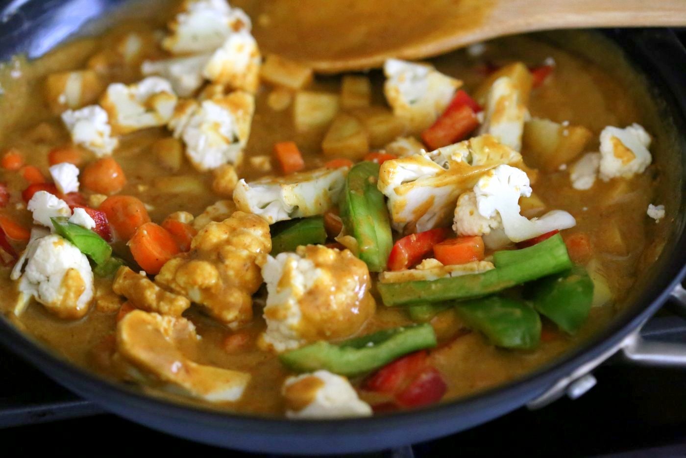 Vegetable Korma - Veggies in Spiced Ginger Chile Sauce. Creamy Indian Korma Recipe made without Onion and garlic. Vegan Indian Gluten-free Soy-free  Can be made nut-free. No Onion No Garlic Recipe. #vegan #veganricha