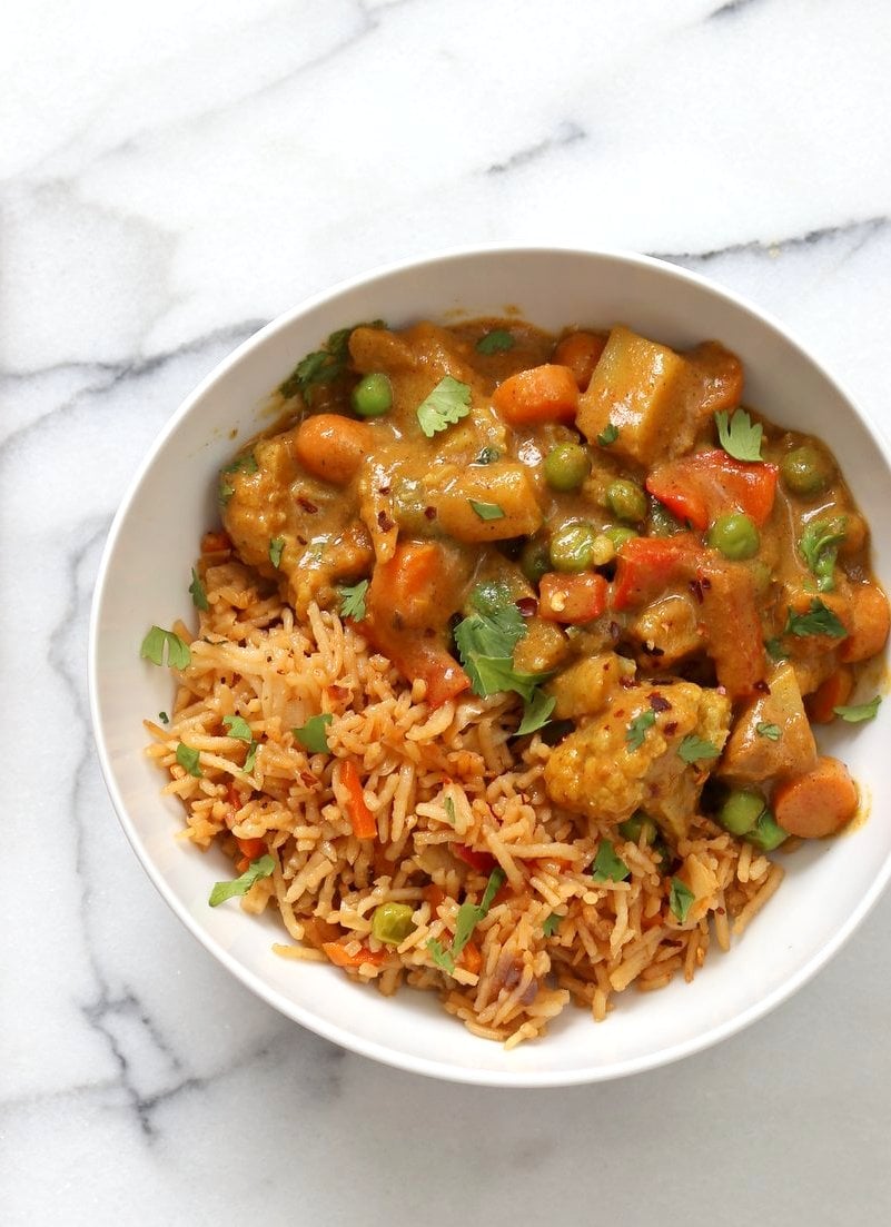 Vegetable Korma - Veggies in Spiced Ginger Chile Sauce. Creamy Indian Korma Recipe made without Onion and garlic. Vegan Indian Gluten-free Soy-free  Can be made nut-free. No Onion No Garlic Recipe. #vegan #veganricha
