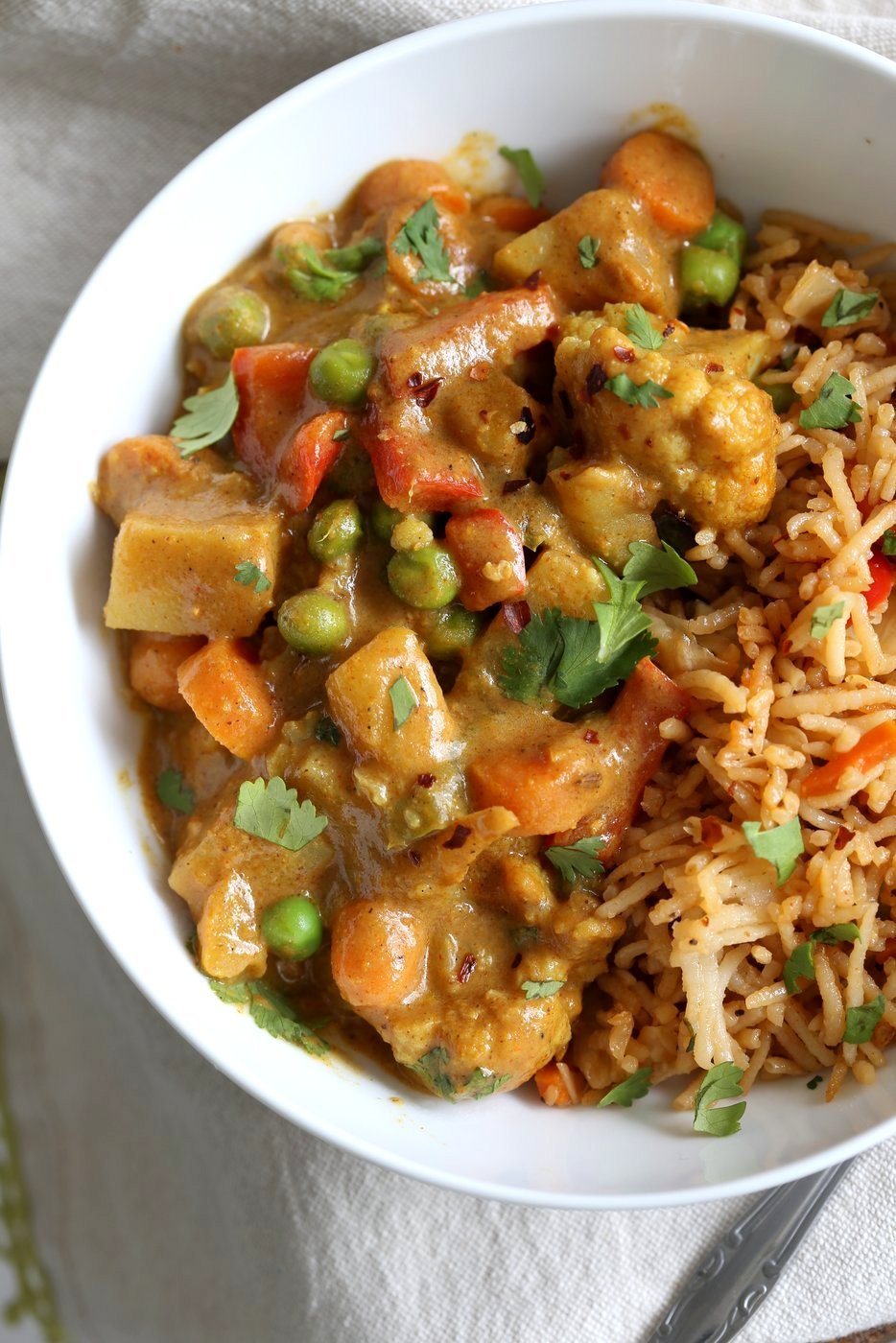 Vegetable Korma - Veggies in Spiced Ginger Chile Sauce. Creamy Indian Korma Recipe made without Onion and garlic. Vegan Indian Gluten-free Soy-free  Can be made nut-free. No Onion No Garlic Recipe. #vegan #veganricha