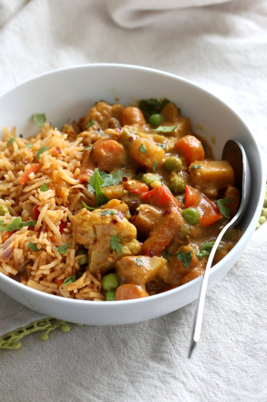 Vegetable Korma - Veggies in Spiced Ginger Chile Sauce. Creamy Indian Korma Recipe made without Onion and garlic. Vegan Indian Gluten-free Soy-free  Can be made nut-free. No Onion No Garlic Recipe. #vegan #veganricha