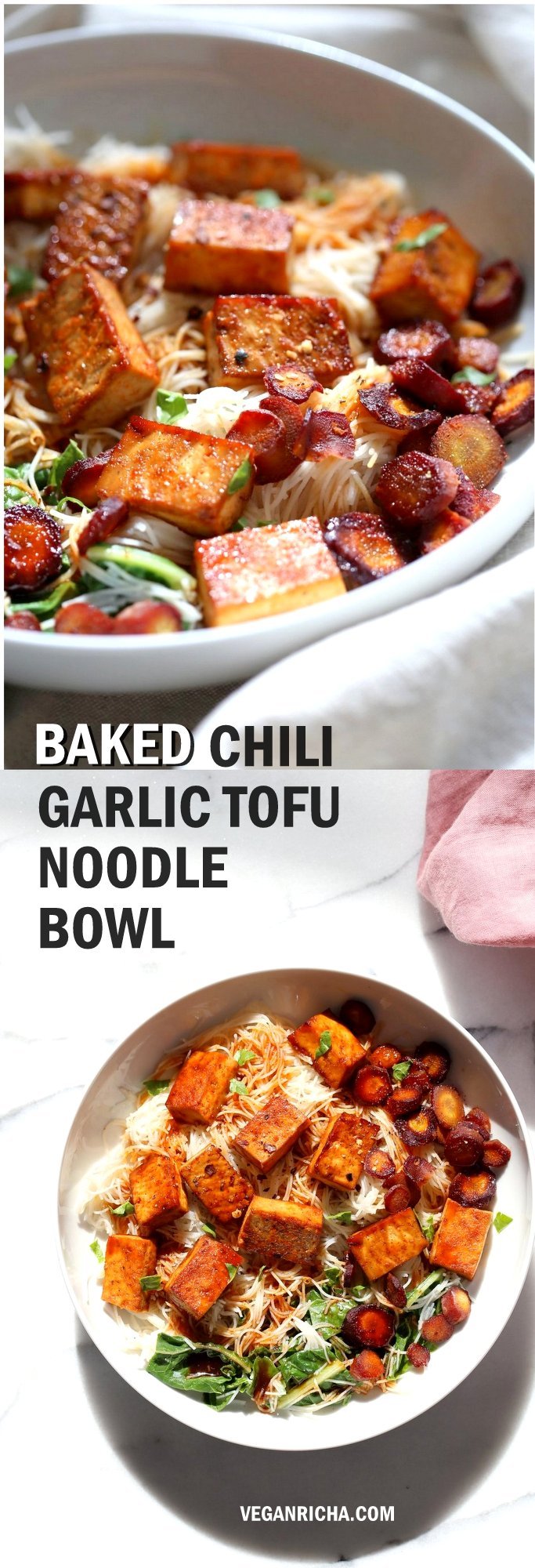 Baked Chili Garlic Tofu, Carrot, Chard and Noodle Bowls. Easy Weeknight Meal. Add some toasted cashews and other veggies of choice. #Glutenfree Nut-free #Vegan #Recipe #veganricha | VeganRicha.com