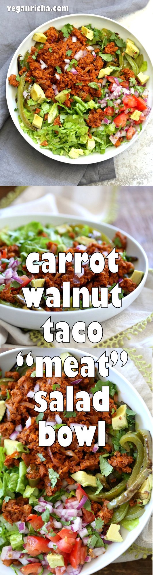 Vegan Taco Salad Bowl with Carrot Walnut Taco "Meat". Vegan Taco filling. Meatless Taco Salad. Make a wrap or tacos with it. Vegan Gluten-free Recipe.  #vegan #glutenfree #vegantaco #veganricha | VeganRicha.com