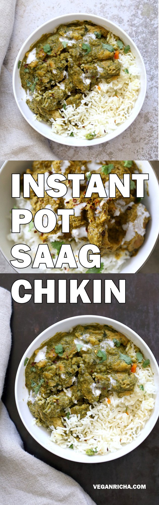1 Pot Vegan Chicken Saag with Soy Curls. Use seitan, tempeh, baked tofu, chickpeas or chikin substitutes for variation. Instant Pot Soy curls in Spinach Sauce. #Vegan #Glutenfree #Recipe Can be Soy-free and Nut-free  #veganricha | VeganRicha.com
