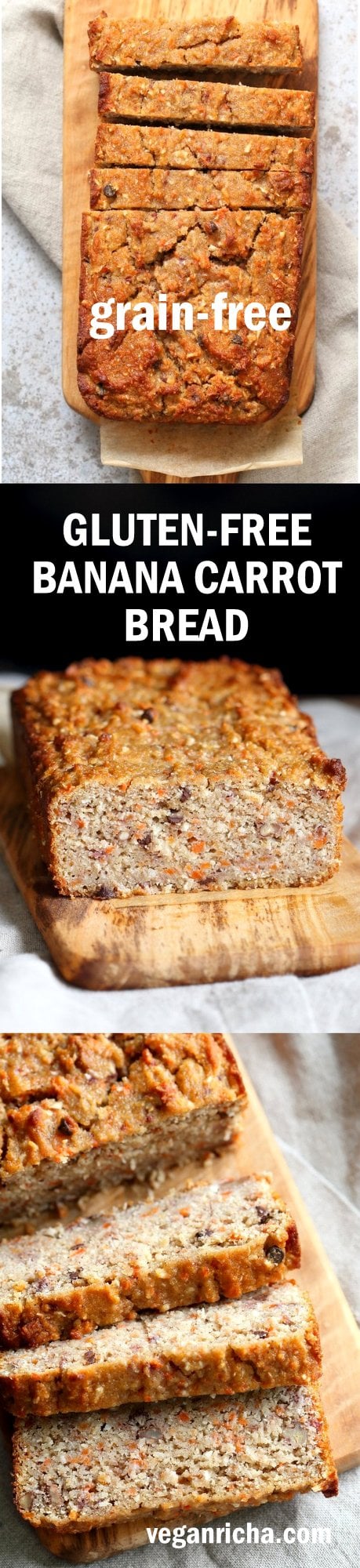 Vegan Gluten free Banana Bread. Grain-free Flourless Carrot Banana Bread. No Gum, no Aquafaba. #Vegan #grainfree #Glutenfree Soy-free #recipe. | VeganRicha.com