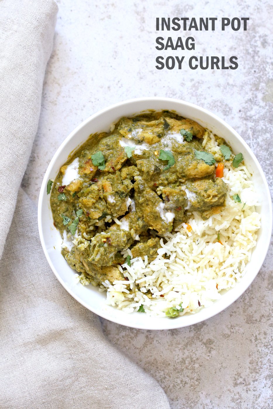 Instant Pot Vegan Chicken Saag with Soy Curls. Use seitan, tempeh, baked tofu, chickpeas or chikin substitutes for variation. Use potatoes to make Saag Aloo. 1 Pot Soy curls in Spinach Sauce. #Vegan #Glutenfree #Recipe Can be Soy-free and Nut-free  #veganricha | VeganRicha.com