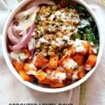Spiced Sprouted Lentils, Cajun Roasted Sweet Potato Bowl with Veggies, Greens and Tahini Garlic Dressing. Vegan Gluten-free Soy-free Recipe.  #vegan #veganricha | VeganRicha.com