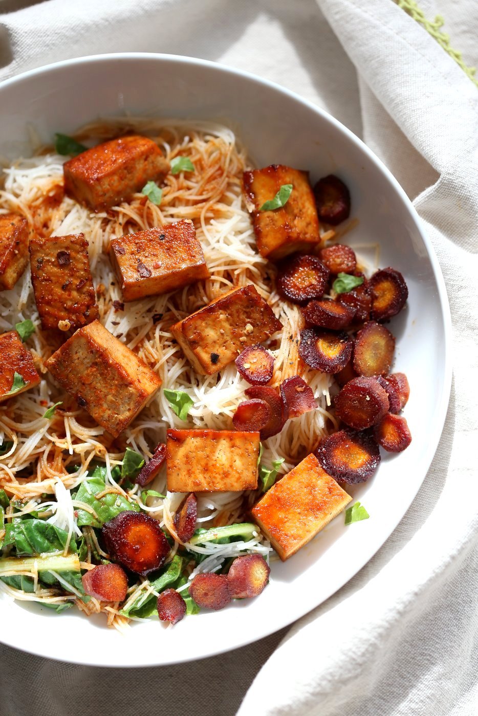 Baked Chili Garlic Tofu, Carrot, Chard and Noodle Bowls. Easy Weeknight Meal. Add some toasted cashews and other veggies of choice. #Glutenfree Nut-free #Vegan #Recipe #veganricha | VeganRicha.com