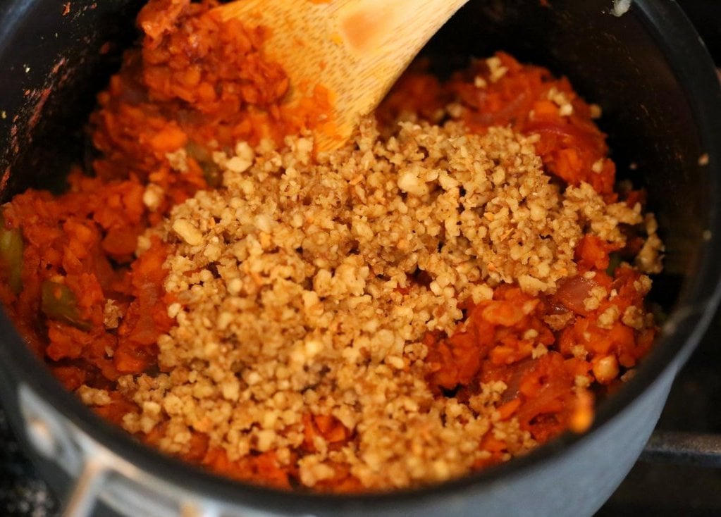 Vegan Taco Salad Bowl with Carrot Walnut Taco "Meat". Vegan Taco filling. Meatless Taco Salad. Make a wrap or tacos with it. Vegan Gluten-free Recipe.  #vegan #glutenfree #vegantaco #veganricha | VeganRicha.com