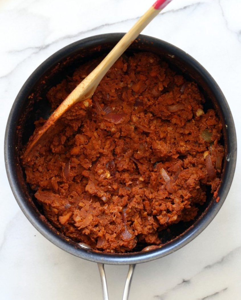 Vegan Taco Salad Bowl with Carrot Walnut Taco "Meat". Vegan Taco filling. Meatless Taco Salad. Make a wrap or tacos with it. Vegan Gluten-free Recipe.  #vegan #glutenfree #vegantaco #veganricha | VeganRicha.com