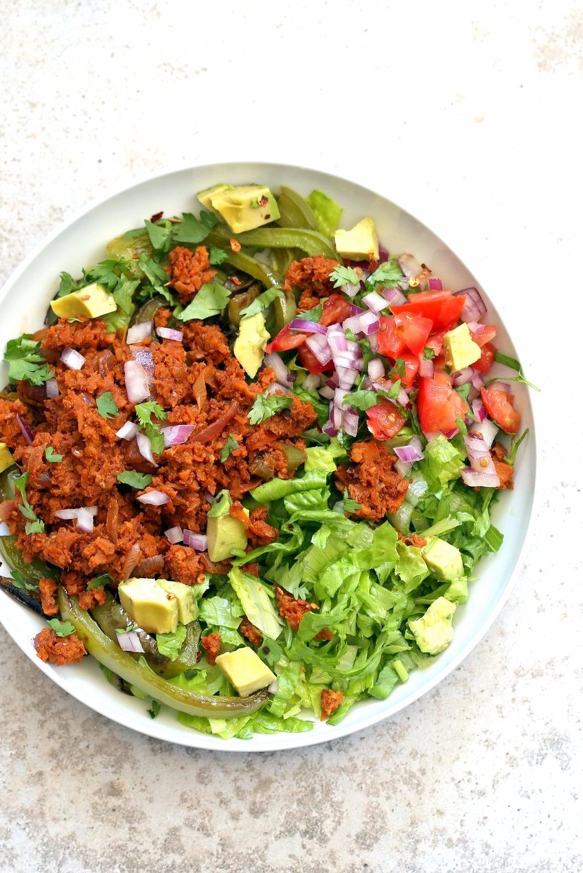 Vegan Taco Salad Bowl with Carrot Walnut Taco "Meat". Vegan Taco filling. Meatless Taco Salad. Make a wrap or tacos with it. Vegan Gluten-free Recipe.  #vegan #glutenfree #vegantaco #veganricha | VeganRicha.com