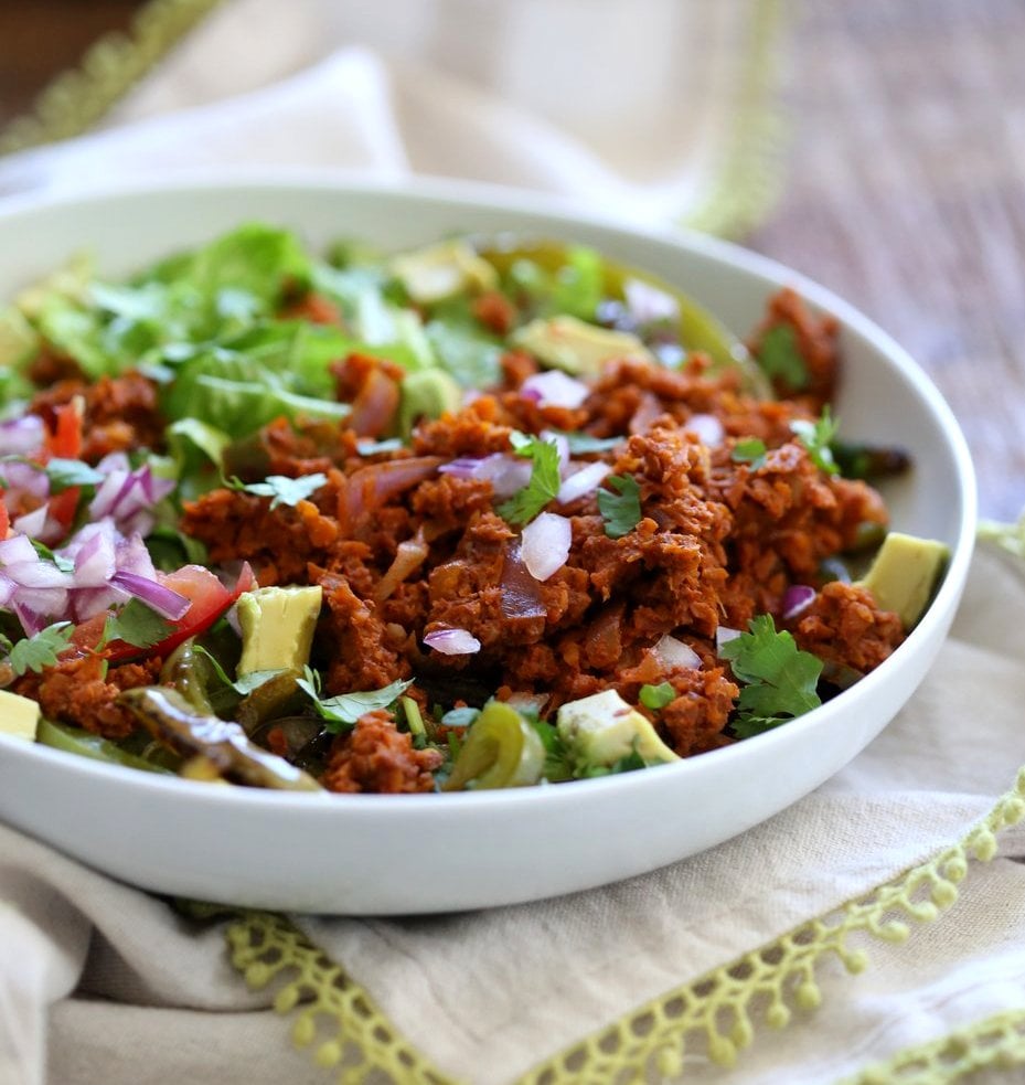 Vegan Taco Salad Bowl with Carrot Walnut Taco "Meat". Vegan Taco filling. Meatless Taco Salad. Make a wrap or tacos with it. Vegan Gluten-free Recipe.  #vegan #glutenfree #vegantaco #veganricha | VeganRicha.com