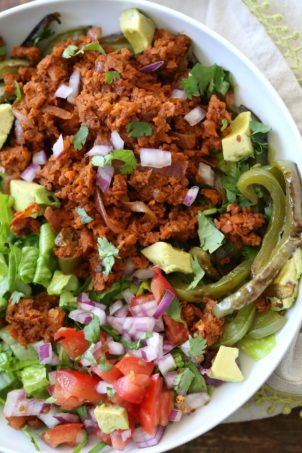 Vegan Taco Salad Bowl with Carrot Walnut Taco "Meat". Vegan Taco filling. Meatless Taco Salad. Make a wrap or tacos with it. Vegan Gluten-free Recipe.ย  #vegan #glutenfree #vegantaco #veganricha | VeganRicha.com
