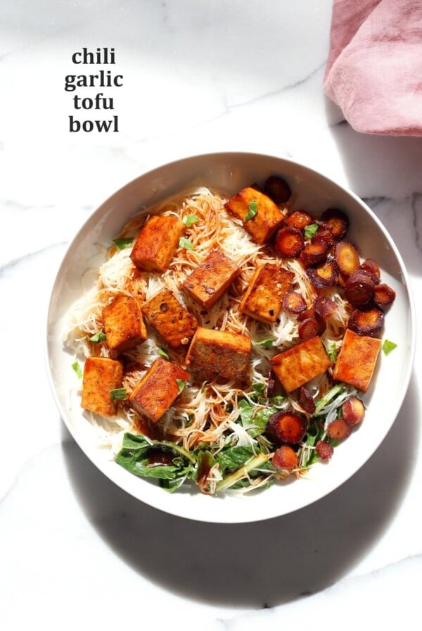 Baked Chili Garlic Tofu, Carrot, Chard and Noodle Bowls. Easy Weeknight Meal. Add some toasted cashews and other veggies of choice. #Glutenfree Nut-free #Vegan #Recipe #veganricha | VeganRicha.com 
