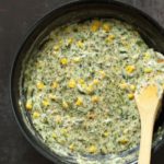 Vegan Spinach Dip Breadsticks. Creamy Corn and Spinach dip spread over pizza crust or puff pastry, bake, slice and serve. Easy Vegan Recipe. Can be gluten-free if served as a dip #vegan #veganricha #recipe #spinachdip | VeganRicha.com