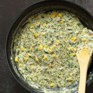 Vegan Spinach Dip Breadsticks. Creamy Corn and Spinach dip spread over pizza crust or puff pastry, bake, slice and serve. Easy Vegan Recipe. Can be gluten-free if served as a dip #vegan #veganricha #recipe #spinachdip | VeganRicha.com