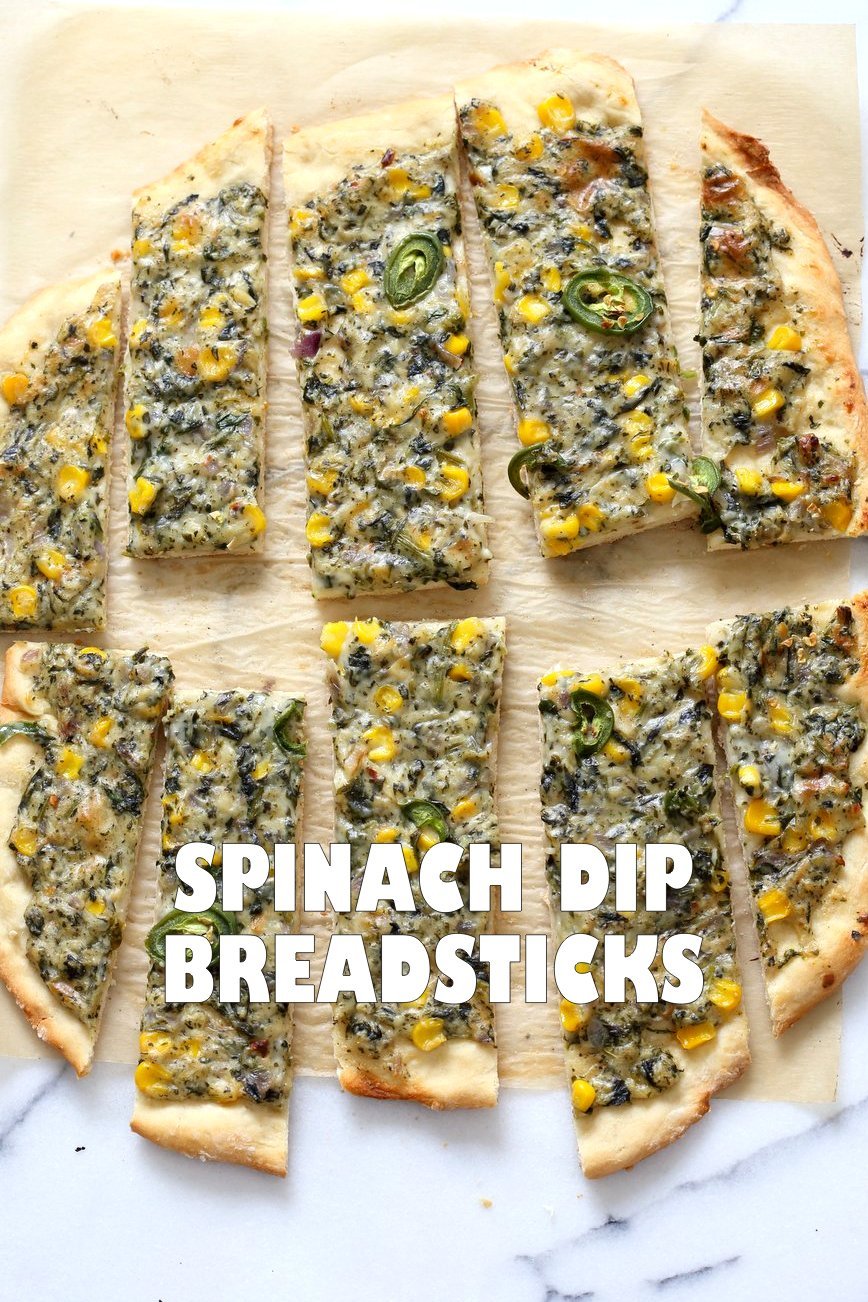 Vegan Spinach Dip Breadsticks. Creamy Corn and Spinach dip spread over pizza crust or puff pastry, bake, slice and serve. Easy Vegan Recipe. Can be gluten-free if served as a dip #vegan #veganricha #recipe #spinachdip | VeganRicha.com