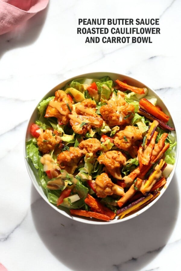 Peanut Butter Cauliflower Bowl with Roasted Carrots. Cauliflower tossed in peanut butter sauce and roasted, carrots tossed in hot sauce and roasted. Vegan Recipe, Gluten-free Recipe.  | VeganRicha.com