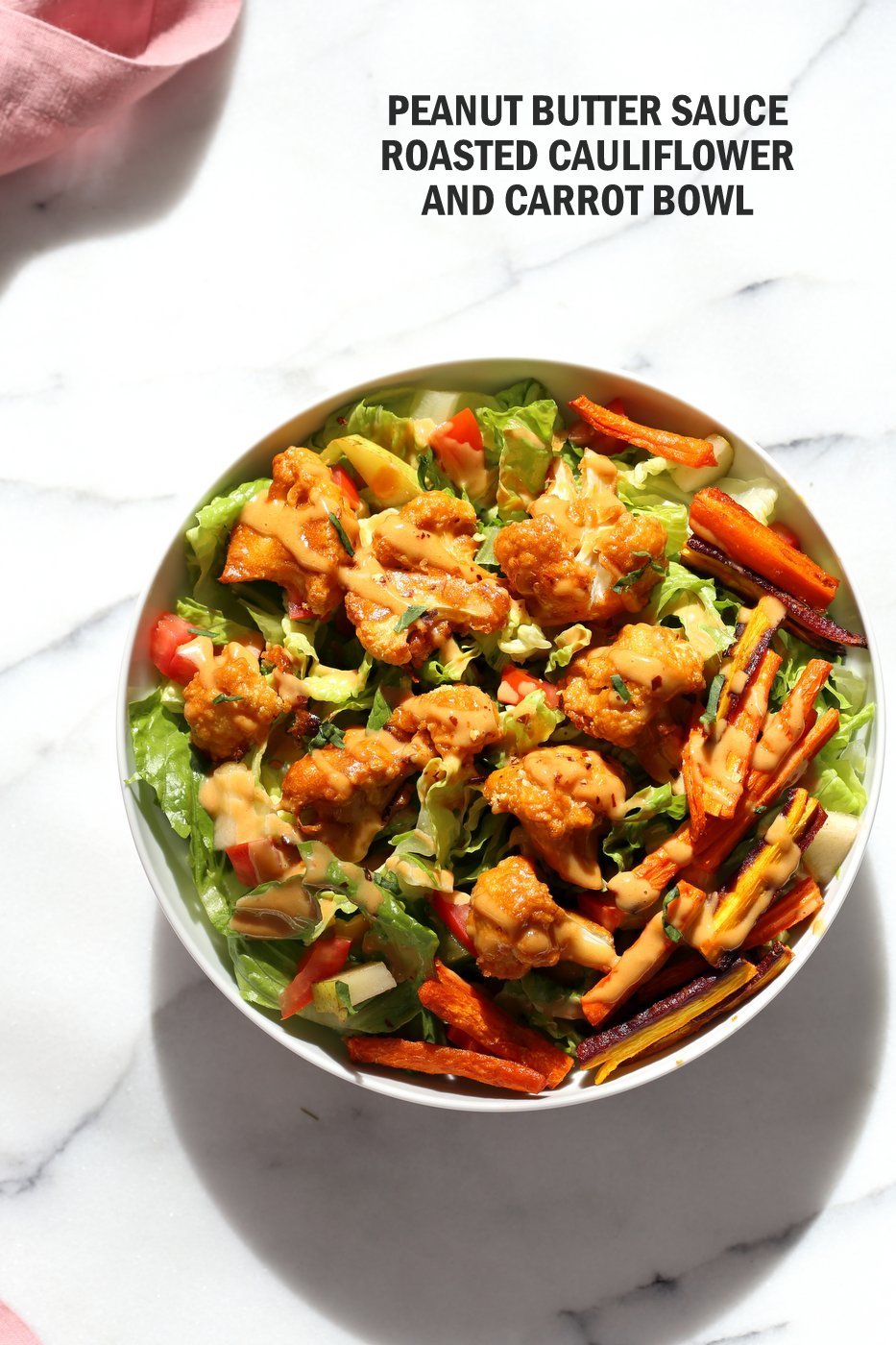 Peanut Butter Cauliflower Bowl with Roasted Carrots. Cauliflower tossed in peanut butter sauce and roasted, carrots tossed in hot sauce and roasted. Vegan Recipe, Gluten-free option #vegan #veganricha | VeganRicha.com