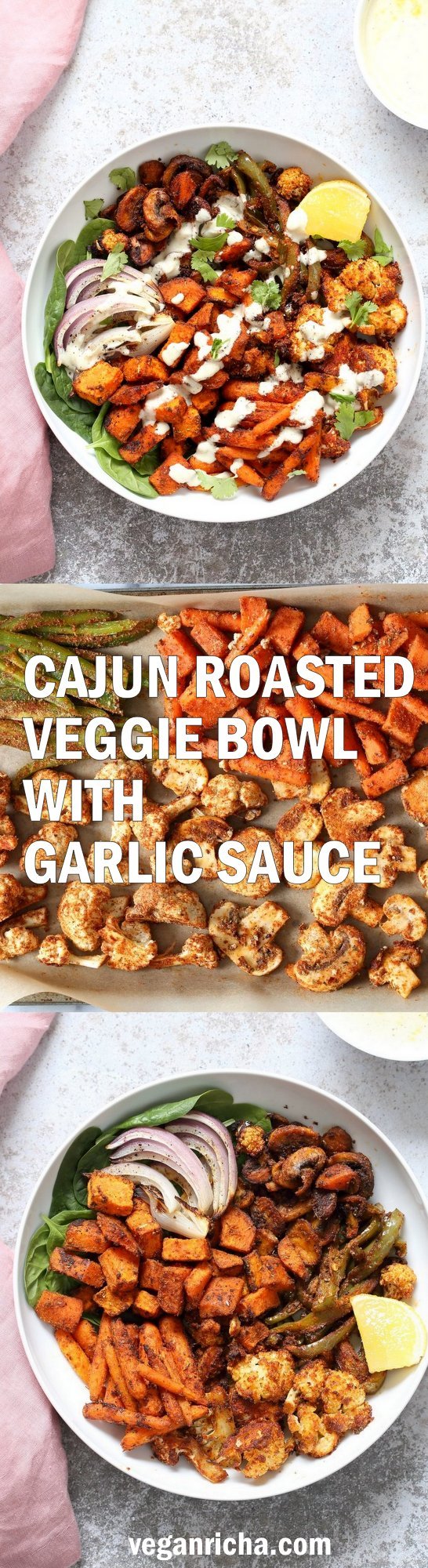 Cajun Roasted Vegetable Bowl with Garlic Sauce. Mushrooms, Cauliflower, Sweet Potato, Peppers, Onions, tossed in cajun spice blend and roasted. Serve in a bowl with crunchy greens and creamy garlic sauce or make wraps or tacos. #Vegan #Glutenfree #Soyfree #Recipe #veganricha. Can be nut-free. | VeganRicha.com
