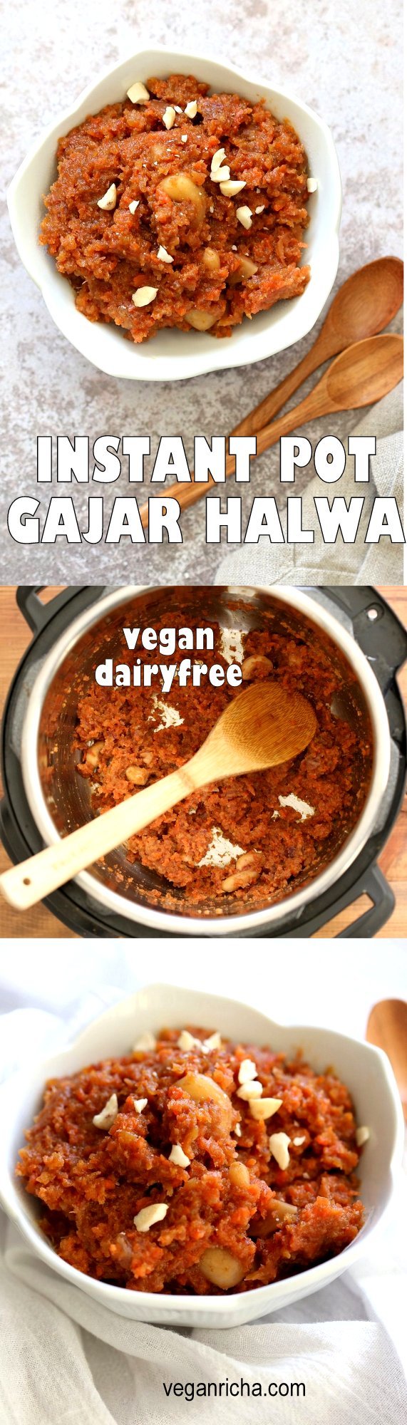 Instant Pot Gajar Halwa - Vegan Carrot Halwa Recipe. Carrot Halwa is an Indian dessert, a flourless Carrot Cake Crumble/pudding that is spiced with cardamom and served during festivals. #Vegan #Glutenfree #Soyfree #Recipe #veganricha | VeganRicha.com