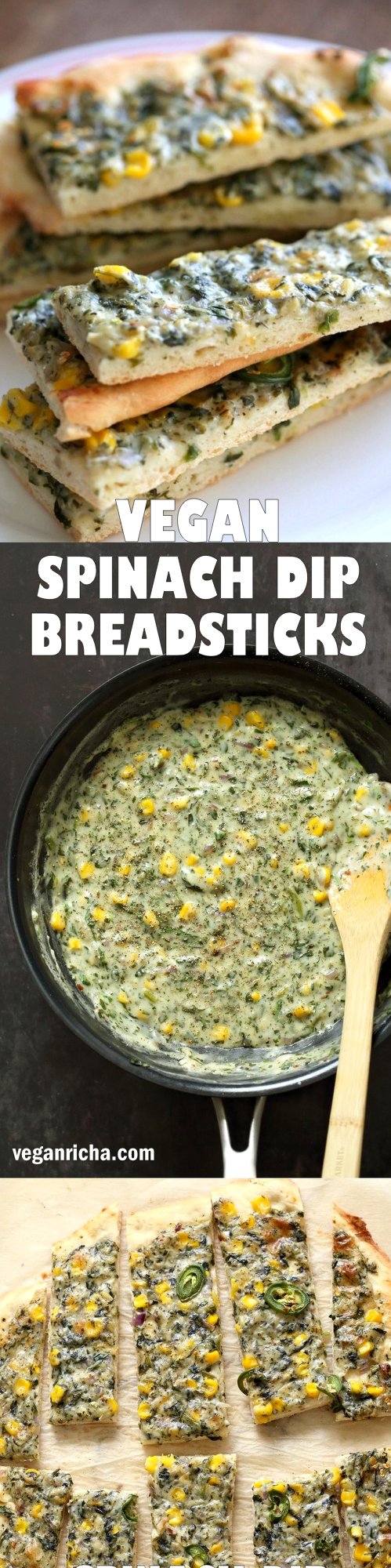 Vegan Spinach Dip Breadsticks. Creamy Corn and Spinach dip spread over pizza crust or puff pastry, bake, slice and serve. Easy Vegan Recipe. Can be gluten-free if served as a dip #vegan #veganricha #recipe #spinachdip | VeganRicha.com