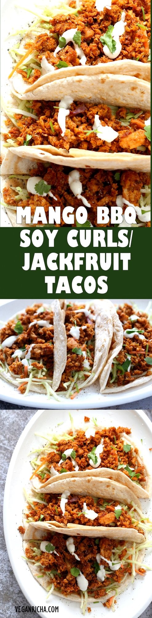 Mango BBQ Soy Curls or Jackfruit Tacos. Shredded Soy Curls or Jackfruit make a an amazing carrier for bbq sauce. Some Mango or other fruit puree takes it to the next level. Serve in sandwiches or tacos with slaw. No Added Oil #Vegan #Glutenfree #Recipe #veganricha | VeganRicha.com