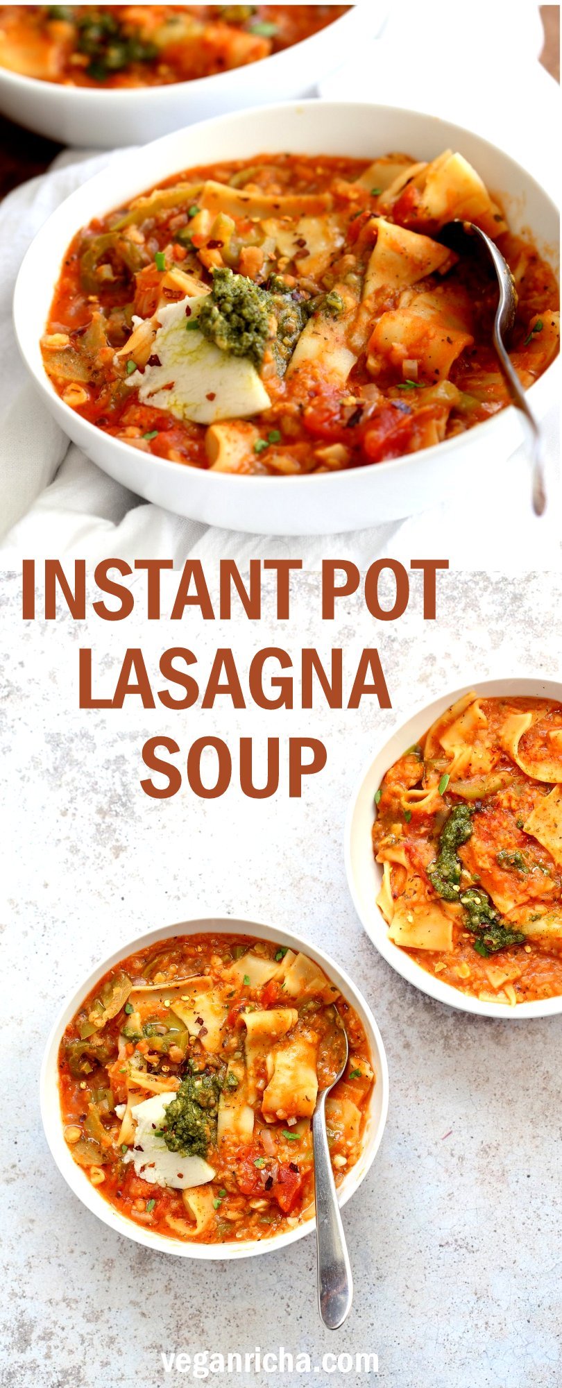 Instant Pot Lasagna Soup - Vegan Lasagna Soup with lasagna noodles, veggies, red lentils and basil. 1 Pot weekday meal. Saucepan option #Vegan #Nutfree #Recipe. Can be #glutenfree. #veganricha | VeganRicha.com