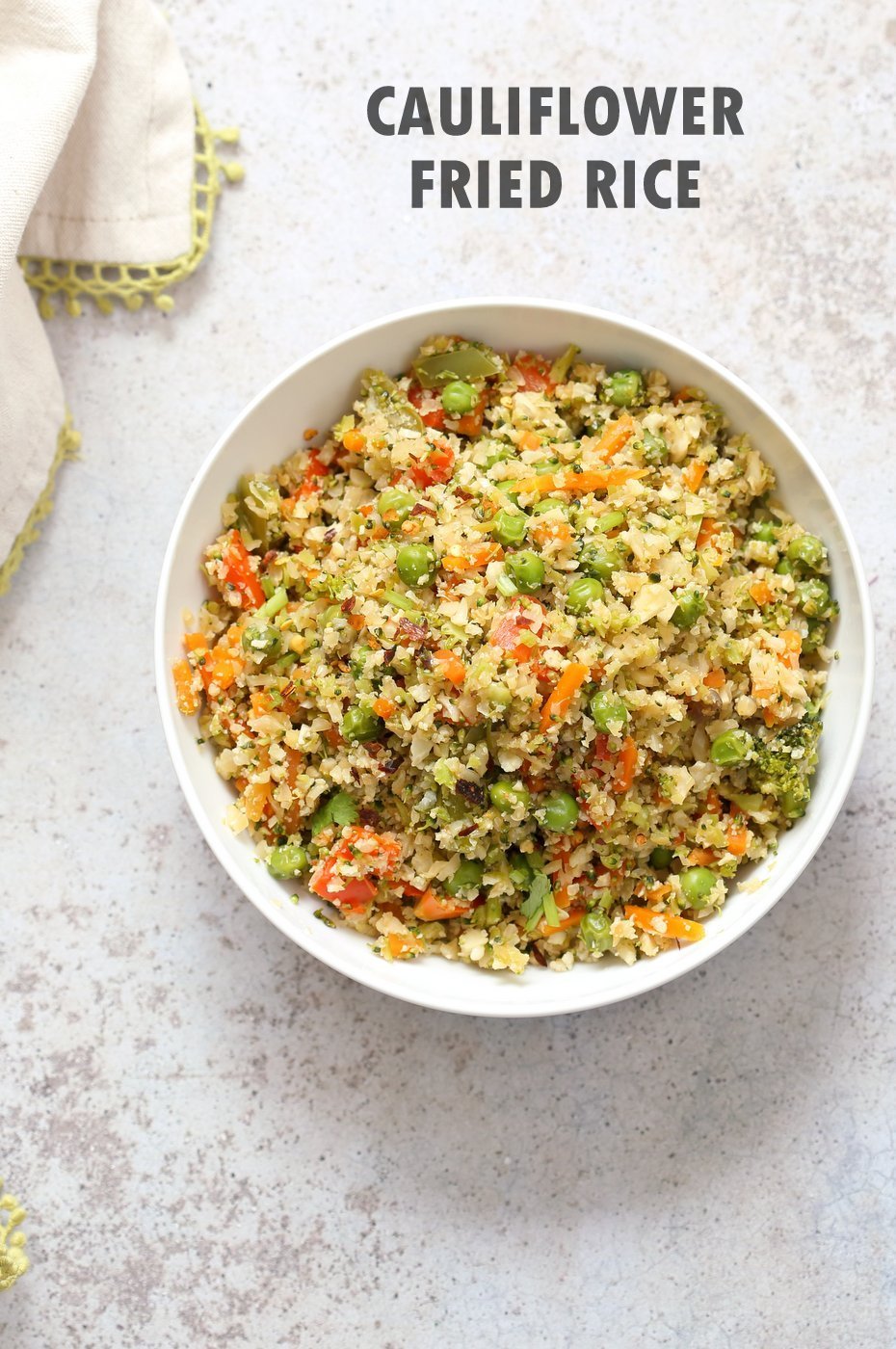 Vegan Cauliflower Fried Rice. Easy 1 Pot Fried Rice. No grains, low carb. So fluffy and so good. #Vegan #Glutenfree #Grainfree #Nutfree #Recipe #veganricha  | VeganRicha.com