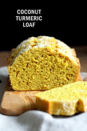 Easy 1 Bowl Coconut Turmeric Bread. Soft and Delicious 1 Bowl Golden Lemon Coconut loaf. No added oil in this cake. #Vegan #Nutfree Soyfree #Oilfree #Recipe.ย #veganricha | VeganRicha.com