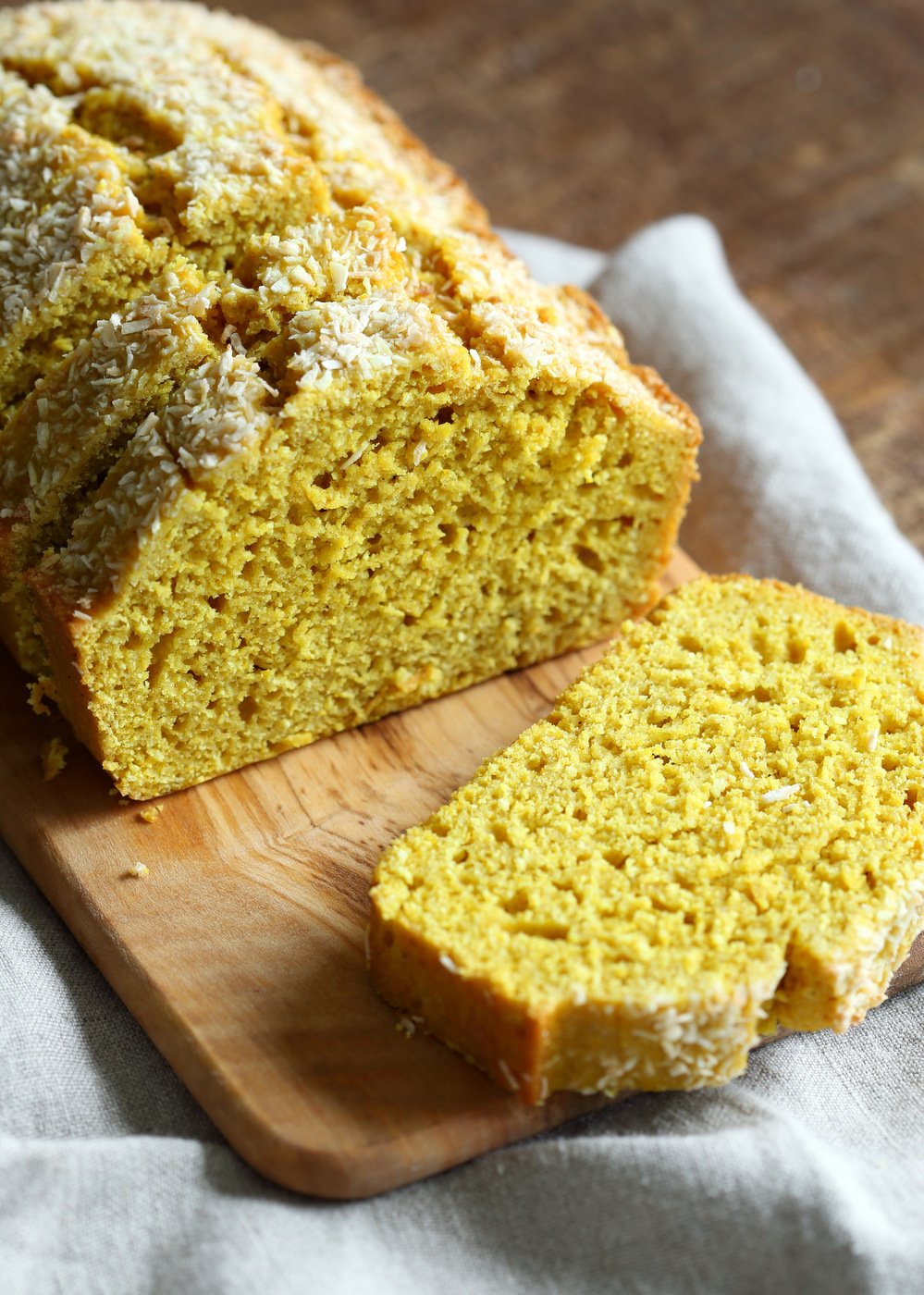 Easy 1 Bowl Coconut Turmeric Bread. Soft and Delicious 1 Bowl Golden Lemon Coconut loaf. No added oil in this cake. #Vegan #Nutfree Soyfree #Oilfree #Recipe.  #veganricha | VeganRicha.com