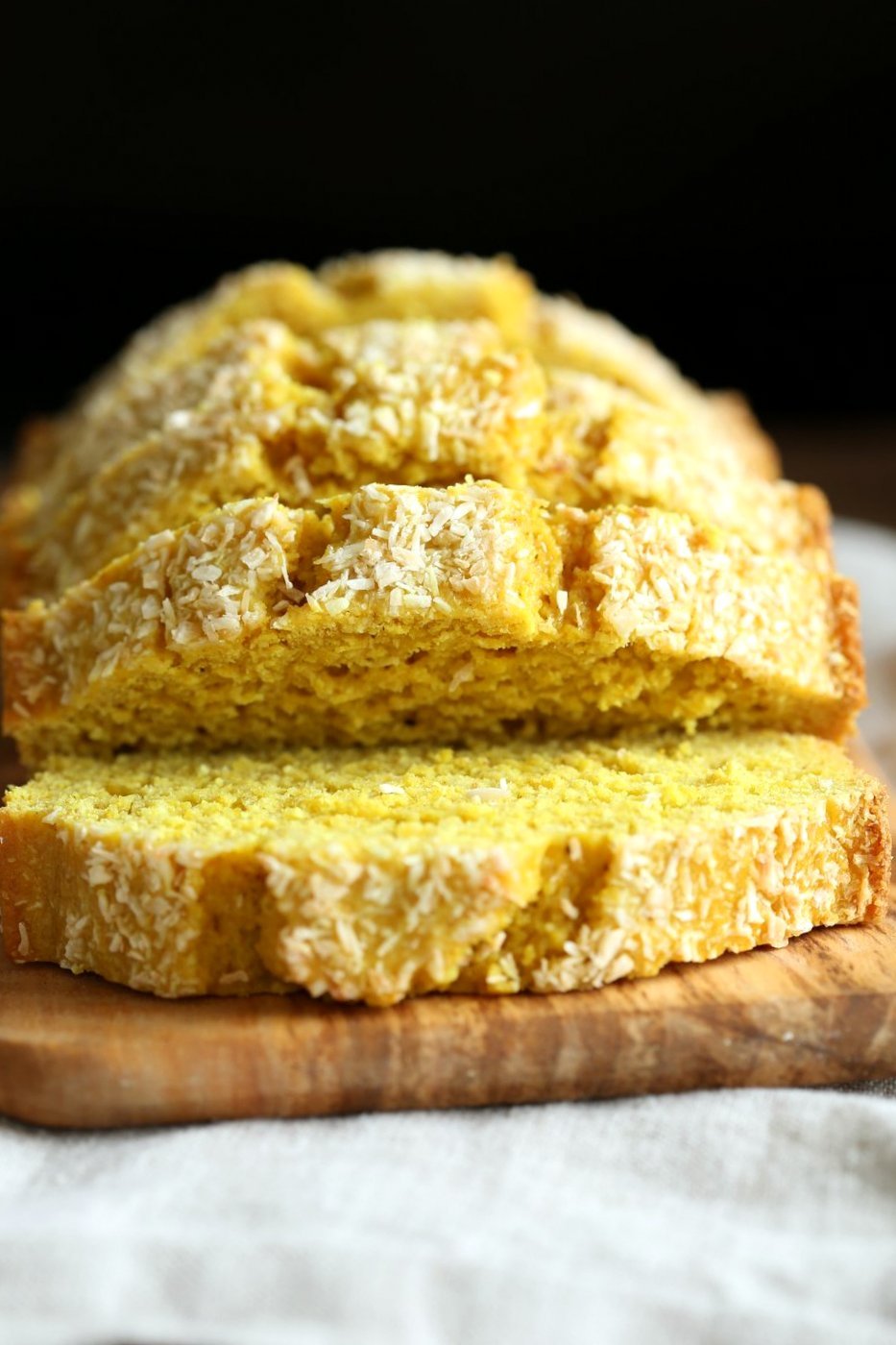 Easy 1 Bowl Coconut Turmeric Bread. Soft and Delicious 1 Bowl Golden Lemon Coconut loaf. No added oil in this cake. #Vegan #Nutfree Soyfree #Oilfree #Recipe.  #veganricha | VeganRicha.com