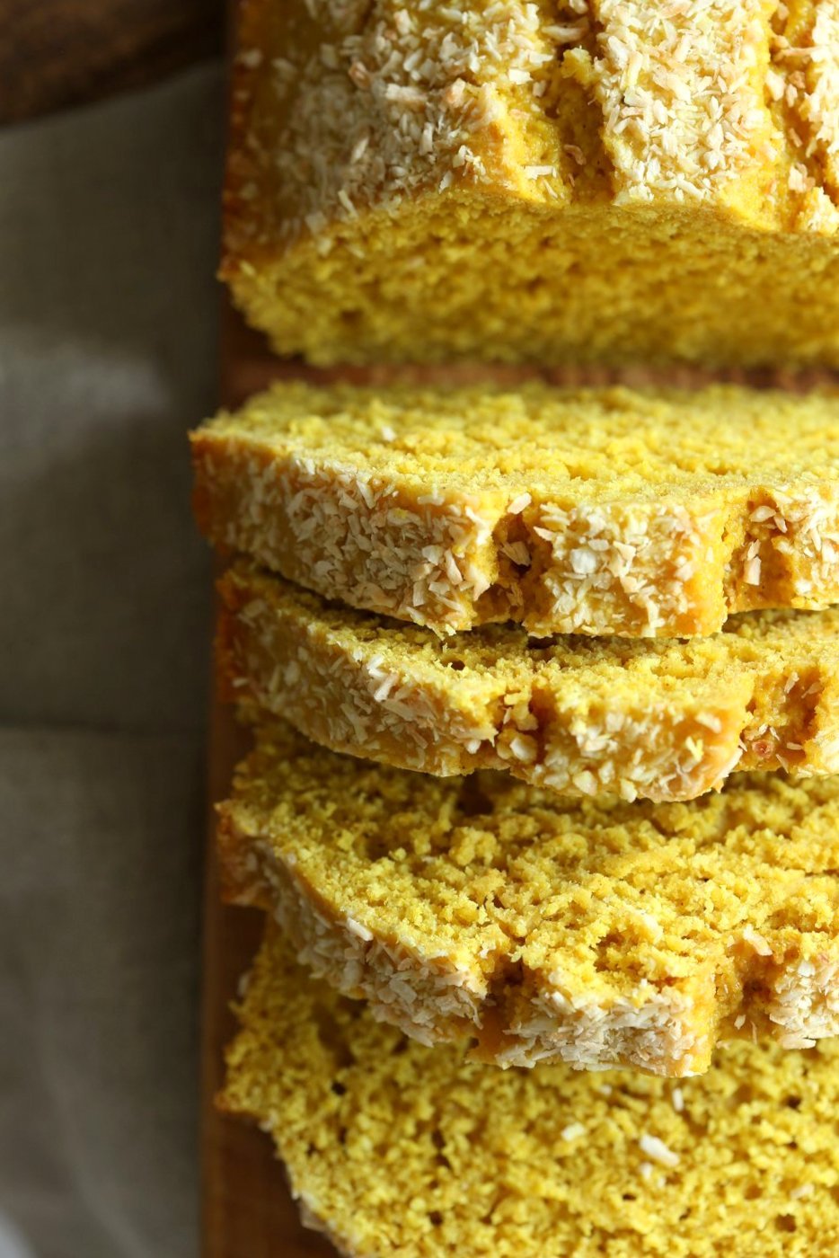 Easy 1 Bowl Coconut Turmeric Bread. Soft and Delicious 1 Bowl Golden Lemon Coconut loaf. No added oil in this cake. #Vegan #Nutfree Soyfree #Oilfree #Recipe.  #veganricha | VeganRicha.com