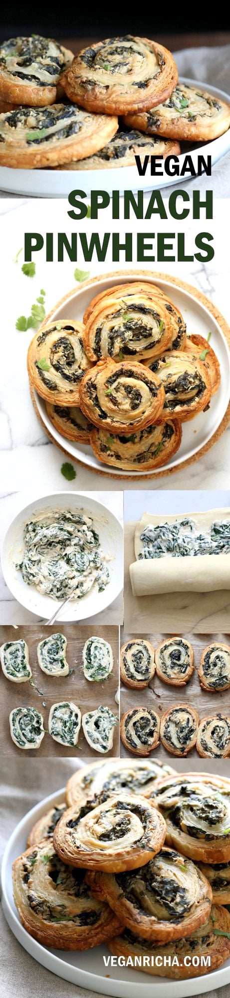 Vegan Spinach Pinwheels. Creamy cheesy Spinach dip spread on puff pastry, rolled, sliced and baked to make a great Snack. #Vegan #Soyfree #Recipe #veganricha | VeganRicha.com