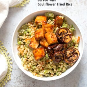 Eggplant & Tofu in Soy Lime Sauce - Baked Eggplant stir fry. Easy 1 Pot meal. Add other veggies of choice. #Vegan #Glutenfree #Nutfree #veganricha #Recipe  | VeganRicha.com
