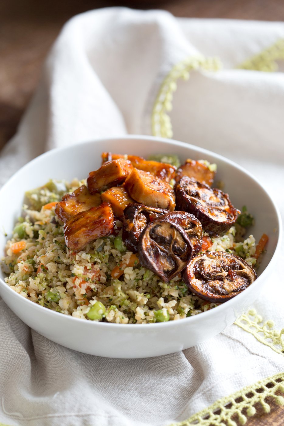 Eggplant & Tofu in Soy Lime Sauce - Baked Eggplant stir fry. Easy 1 Pot meal. Add other veggies of choice. #Vegan #Glutenfree #Nutfree #veganricha #Recipe  | VeganRicha.com