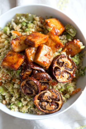 Eggplant & Tofu in Soy Lime Sauce - Baked Eggplant stir fry. Easy 1 Pot meal. Add other veggies of choice. #Vegan #Glutenfree #Nutfree #veganricha #Recipe  | VeganRicha.com