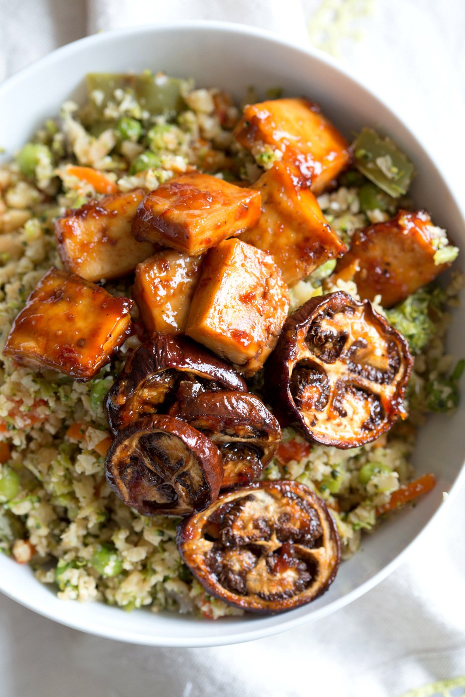 Eggplant & Tofu in Soy Lime Sauce - Baked Eggplant stir fry. Easy 1 Pot meal. Add other veggies of choice. #Vegan #Glutenfree #Nutfree #veganricha #Recipe  | VeganRicha.com