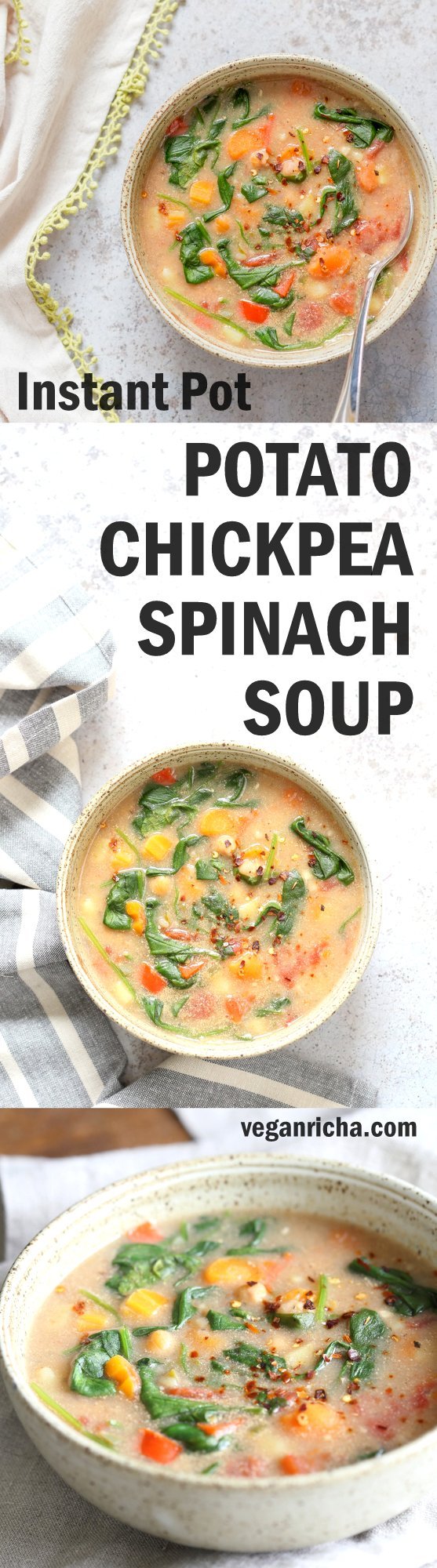 Veggie Chickpea Potato Soup in Instant Pot. Creamy Potato Chickpea Spinach soup. Saucepan option. #Vegan #Glutenfree #Soyfree #Nutfree #Oilfree #Recipe #veganricha  | VeganRicha.com