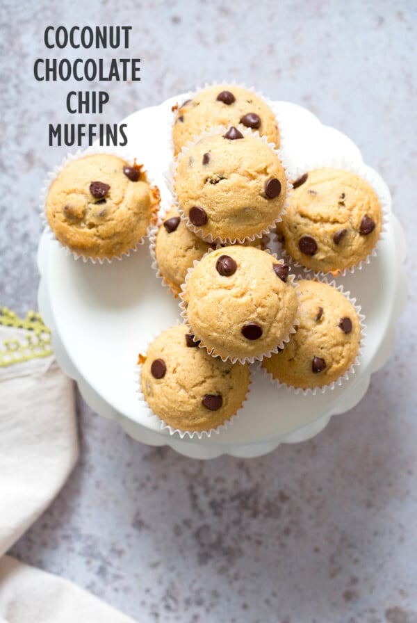 Vegan Chocolate Chip Muffins with coconut. These Soft, moist and chocolatey muffins take just a few minutes and have no added oil. #Vegan #Nutfree #Soyfree #Recipe #veganricha Use dried fruit instead of chocolate to make #oilfree | VeganRicha.com 