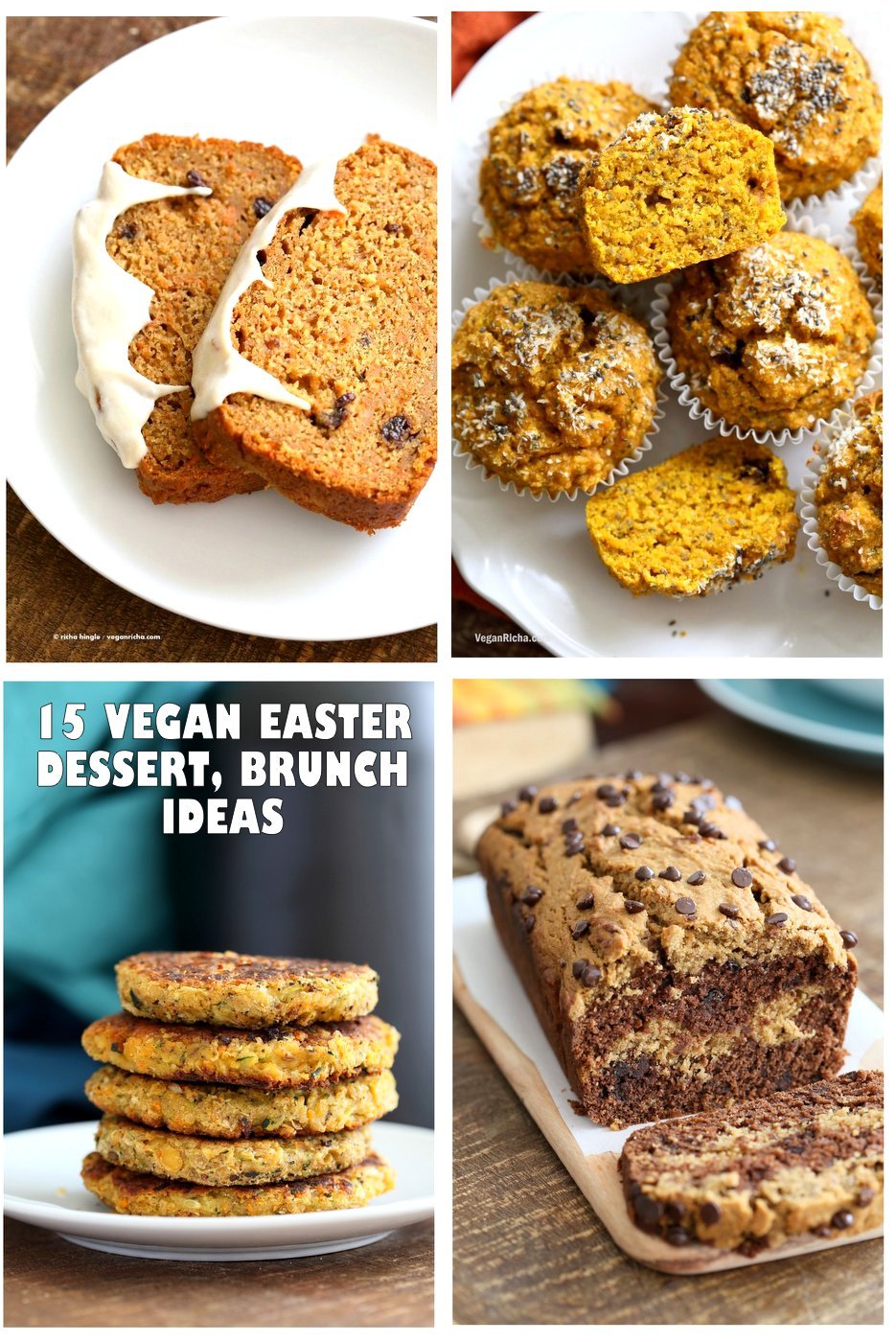 15 Vegan Easter Dessert and Brunch Ideas. Carrot Cake, Carrot Cake Pancakes, Nut Butter Marble Cake, Chickpea carrot pancakes, Almond joys, Frittatas and more. #vegan #glutenfree #veganricha 