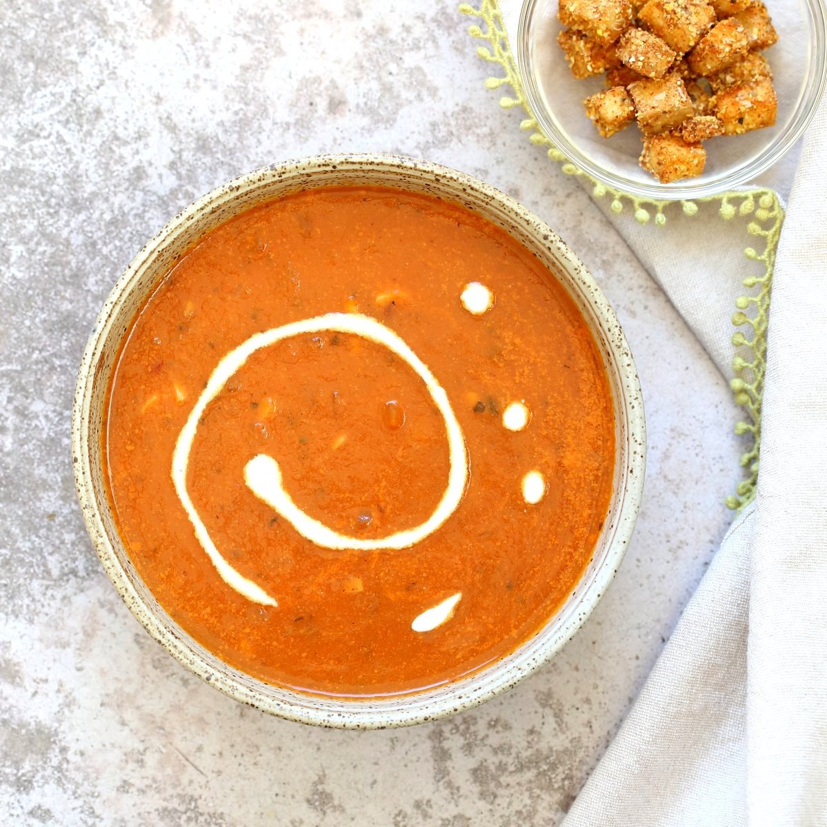 Instant Pot Tomato Soup with Cornmeal Crusted Tofu Croutons. Easy 1 Pot Tomato Soup with Crispy Croutons. Use other croutons and spices of choice. #Vegan #Glutenfree #Recipe. can be #nutfree. | VeganRicha.com