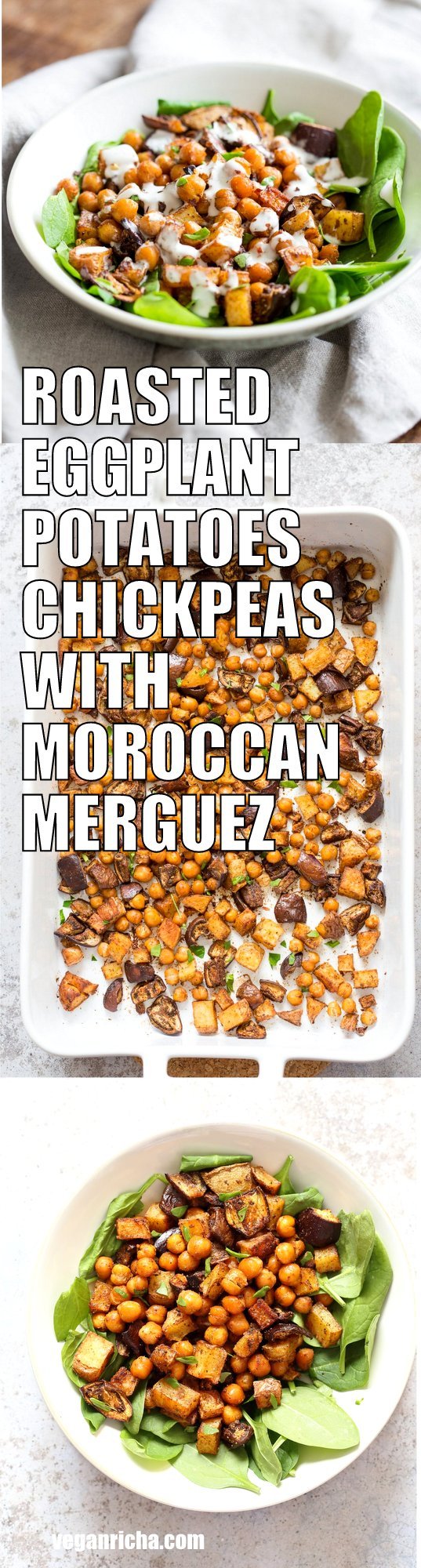 Roasted Eggplant Potatoes Chickpeas with Moroccan Merguez seasoning. 1 Pan Sheet-pan Dinner! Veggies tossed in cumin, pepper, cinnamon, paprika blend, roasted then served with tahini dressing. #Vegan #Glutenfree #soyfree #Recipe #veganricha | VeganRicha.com