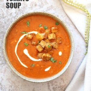 Instant Pot Tomato Soup with Cornmeal Crusted Tofu Croutons. Easy 1 Pot Tomato Soup with Crispy Croutons. Use other croutons and spices of choice. #Vegan #Glutenfree #Recipe. can be #nutfree. | VeganRicha.com
