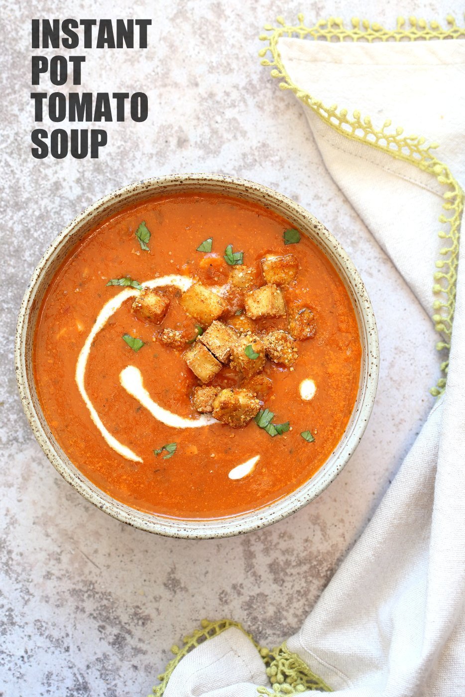 Instant Pot Tomato Soup with Cornmeal Crusted Tofu Croutons. Easy 1 Pot Vegan Tomato Soup with Crispy Croutons. Use other croutons and spices of choice. #Vegan #Glutenfree #Recipe. can be #nutfree. | VeganRicha.com
