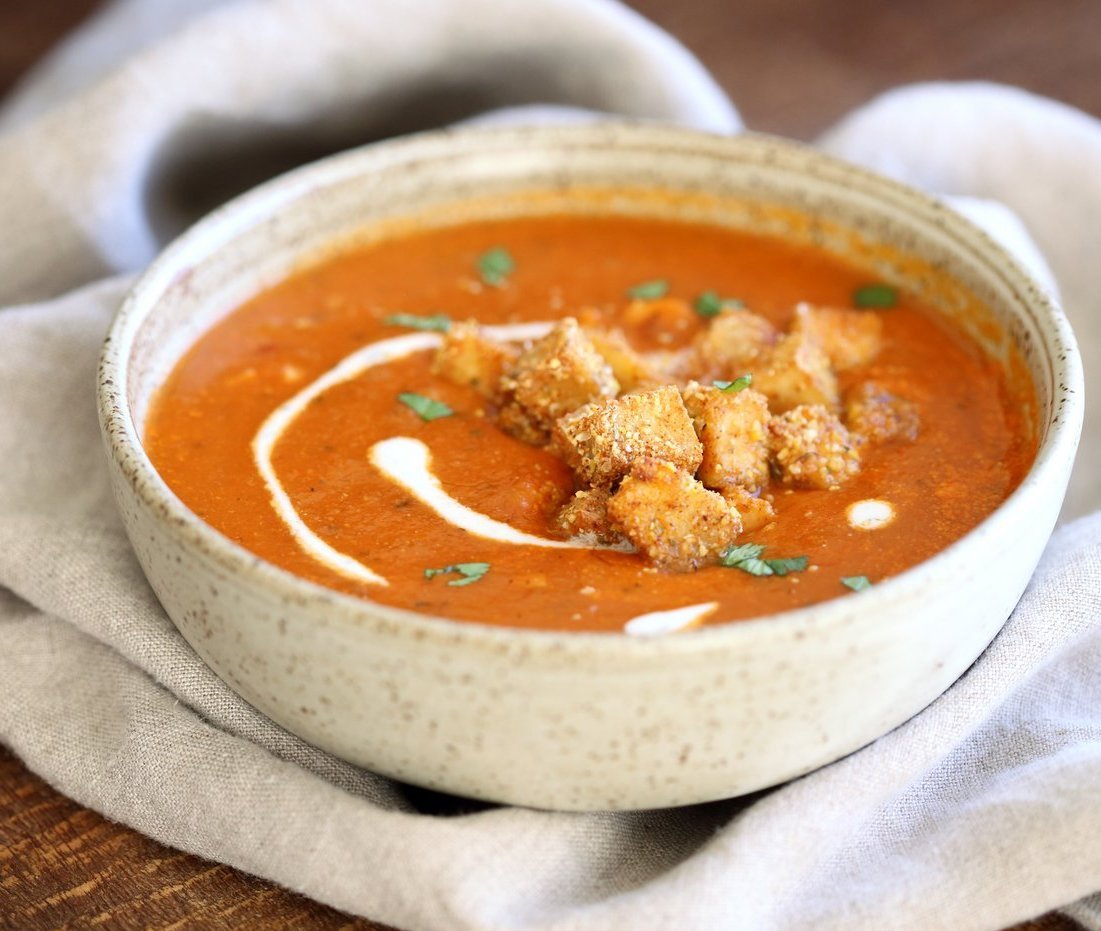 Instant Pot Tomato Soup with Cornmeal Crusted Tofu Croutons. Easy 1 Pot Tomato Soup with Crispy Croutons. Use other croutons and spices of choice. #Vegan #Glutenfree #Recipe. can be #nutfree. | VeganRicha.com