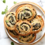 Vegan Spinach Pinwheels. Creamy cheesy Spinach dip spread on puff pastry, rolled, sliced and baked to make a great Snack. #Vegan #Soyfree #Recipe #veganricha | VeganRicha.com 